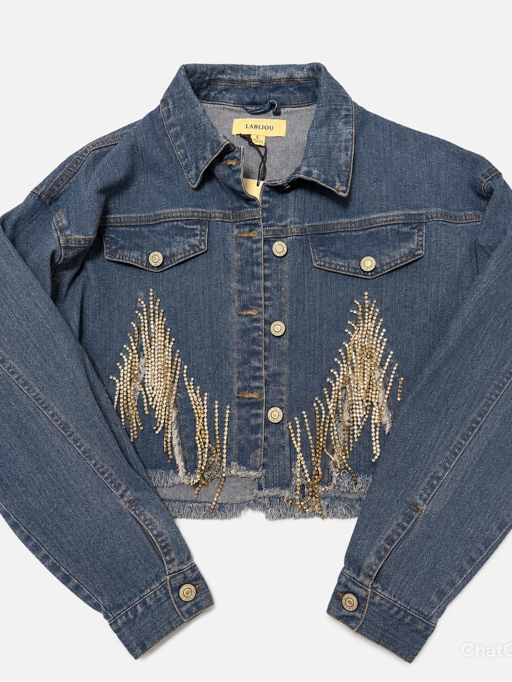 LABIJOU Rhinestone Cropped Denim Jacket